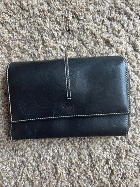 Monsac Black Leather Women's Wallet with White Stitching